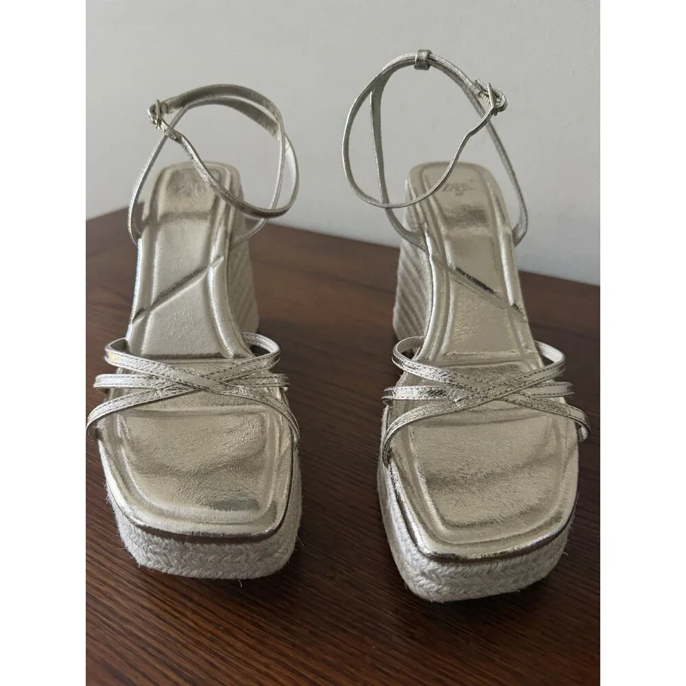 Zara Gold Metallic Espadrille Wedge Sandals Women's Size 9 Strappy Platform - Picture 2 of 12